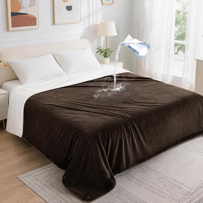 LOOBANI Waterproof Blanket for Bed Intimacy Queen Size 80"x90", Coffee | Double-Side Leak-proof Cozy Flannel, Reversible, Stain-Proof Cover for Rest Movie Time, Furniture Protection, Large Dogs
