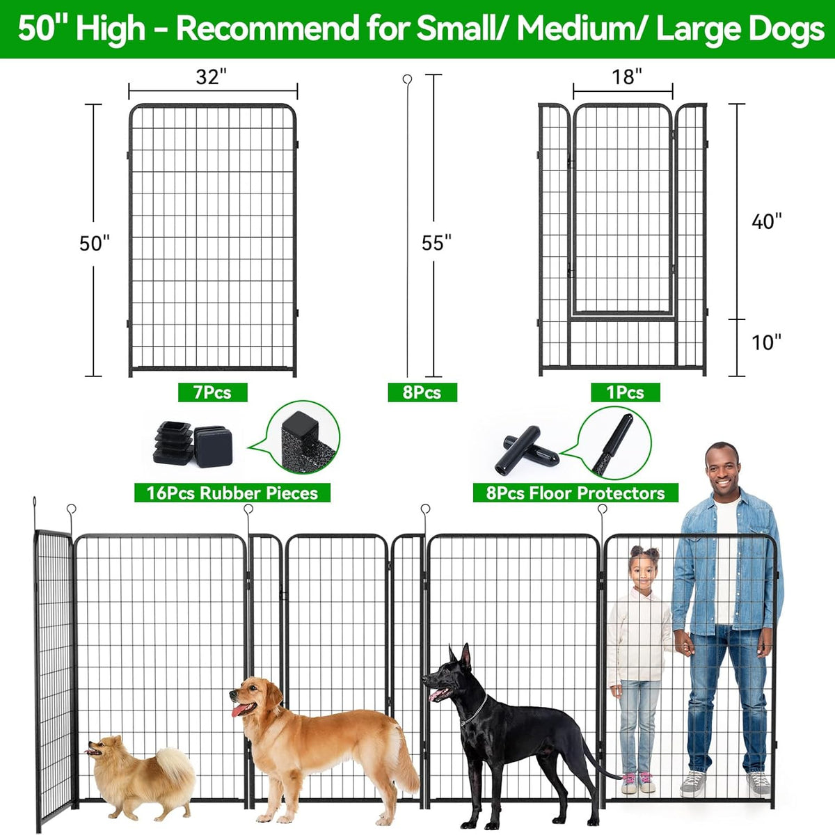 Dog Playpen Outdoor Extra Wide 8 Panels Heavy Duty Dog Fence 50" Height Anti-Rust with Doors Portable for RV Camping Yard, Total 21FT, 35 Sq.ft, Snowy Black