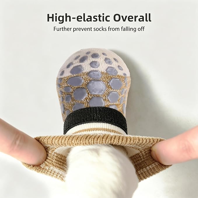 PUPTECK Anti-Slip Dog Socks with Double Sides for Small Medium Large Dogs Hardwood Floors Prevents Licking, Dog Shoes for Hot Pavement Traction Control Paw Protector for Senior Dogs, Striped Khaki XS