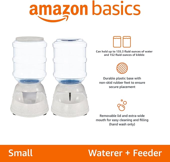 Amazon Basics Automatic Pet Water Dispenser and Gravity Food Feeder Set for Cat and Dog, Easy to Clean, 152fl.oz food feeder, 135.3fl.oz water dispenser, Small, Pack of 2
