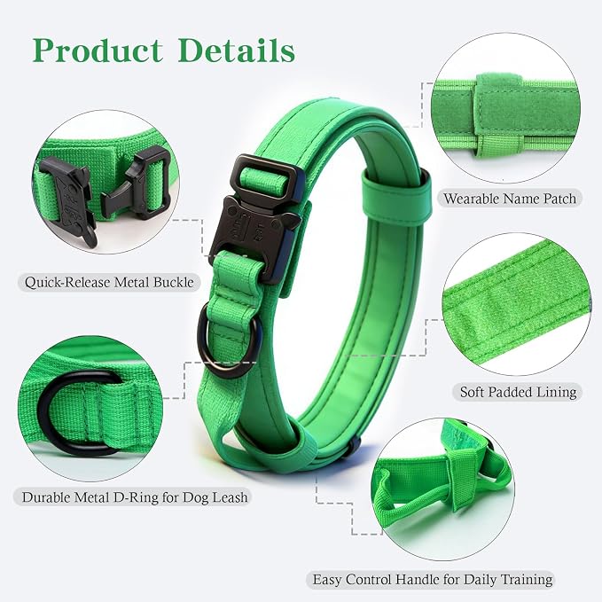 Tactical Dog Collar for Large Dogs with Control Handle,Bright Green,XL | 1000D Heavy-Duty Nylon Fabric,Quick-Release Metal Buckle,Adjustable Fit,Soft-Padded Webbing,D-Ring,for Training & Hiking