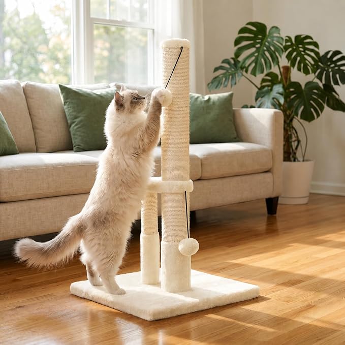 Dimaka Tall Cat Scratching Post, Double Lower Posts Extra Stable Cat Post Tree Scratcher with Sisal Rope and Teasing 4 Balls Total Large Base (Beige)