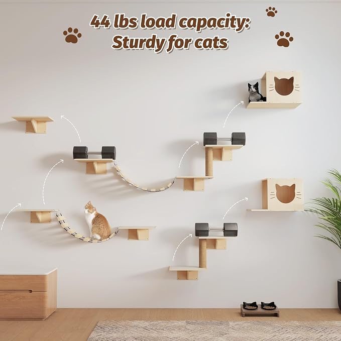 NYEEKOY Cat Wall Shelves, Wood 8-in-1 Cat Wall Furniture Set, Large Cat Shelves for Wall with Scratching Post, Cat Climbing Wall Activity Center for Climb, Play, Rest, and Scratch, Natural Wood