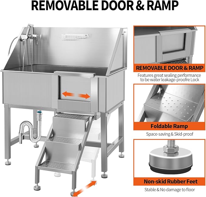 38" Stainless Steel Dog Washing Stations for Large Dogs, Pet Grooming Tub for Home, Professional Pet Bathtub Bathing Station, Pet Wash Station, Dog Shower Tub with Stairs, Drain & Door,R-Door