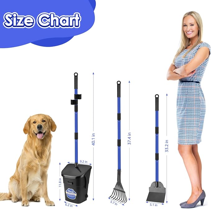 SlowTon Dog Pooper Scooper - 37.4" Long Metal Handle Adjustable Rake & Spade & Swivel Bin with 20 Waste Bags, Portable Pooper Scooper for Gravel Lawn Grass, Suit for Small Medium Large Dog