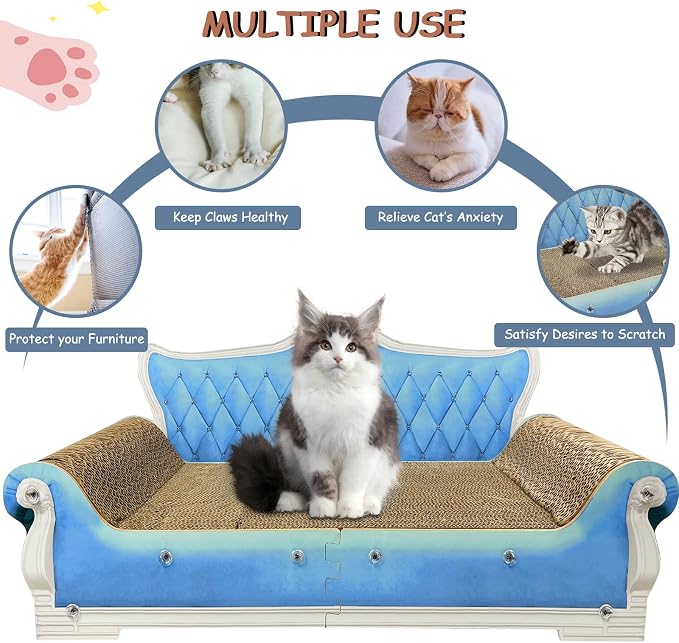Luxury Cardboard Cat Scratcher Sofa Bed, Couch Shaped Scratching Board, Scratch Lounge with Catnip, Cat Scratcher for Indoor Cats Large Blue 25.4“x12