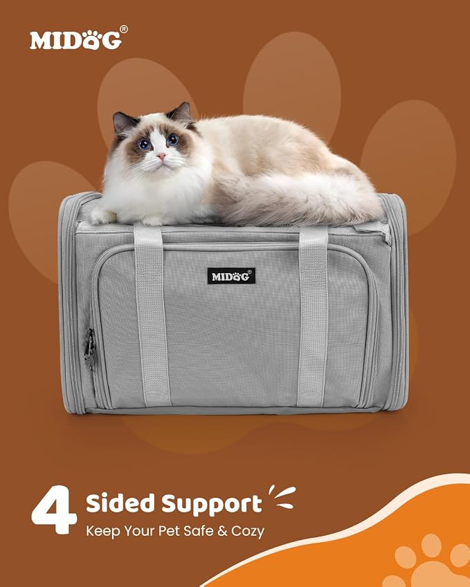 MIDOG Cat Carrier Soft for Small-Medium Cats Up to 15lbs, Airline Approved | Expandable Square Design,Comfort & Breathable Window,Equipped with anti-slip lock zippers and an internal safety leash