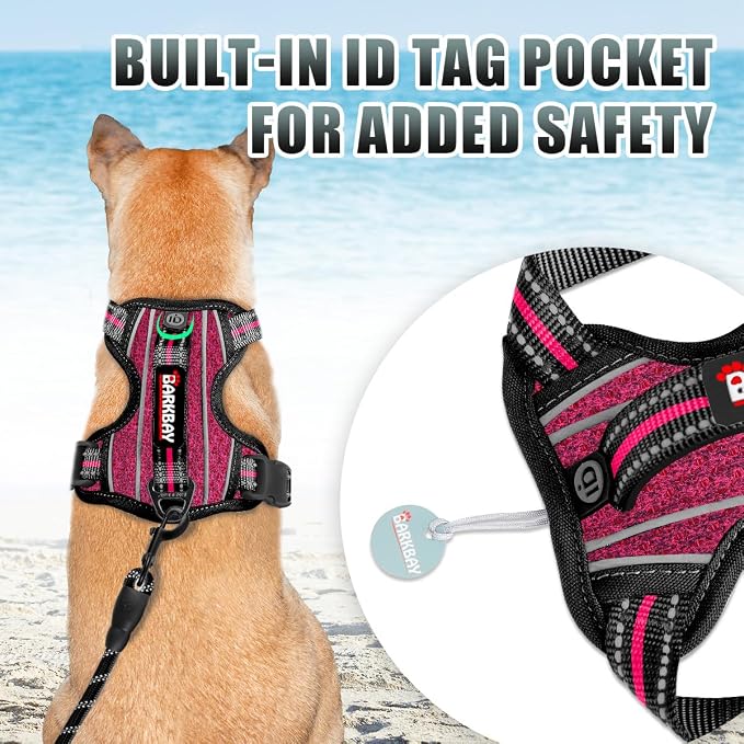BARKBAY No Pull Dog Harness Large Reflective Dog Harness with Front Clip and Easy Control Handle for Walking Training Running with ID tag Pocket(Pink/Black,XS)