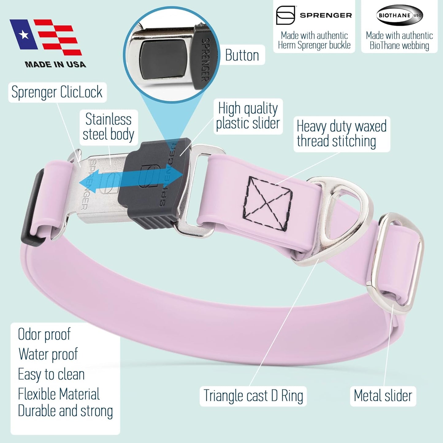 Dogline Biothane Waterproof Dog Collar with Herm Sprenger Black Stainless Steel Quick Release Buckle – Heavy Duty Tactical Durable Collar for Dogs – Comfortable and Safe Pet Collar W1 L 15-25" Pastel
