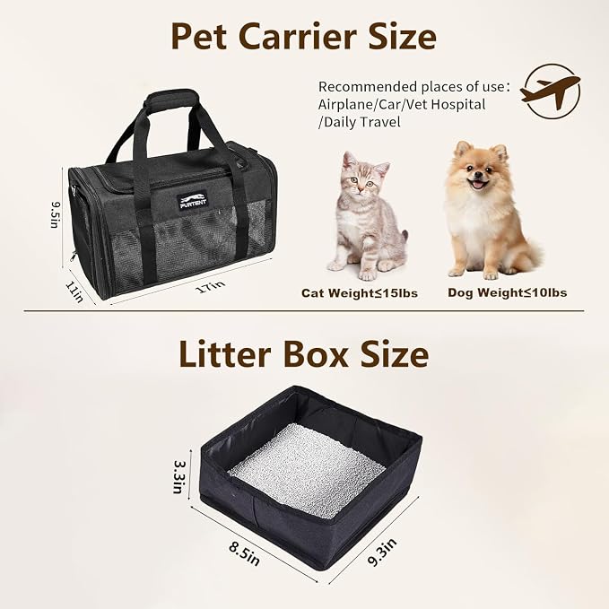 Pet Carrier Airline Approved, Soft Sided Cat Carrier for Small Pets up to 13 lbs, TSA Approved Dog Travel Bag, Portable Soft Sided Pet Carrier for Kittens and Puppies (Black, Travel Litter Box)