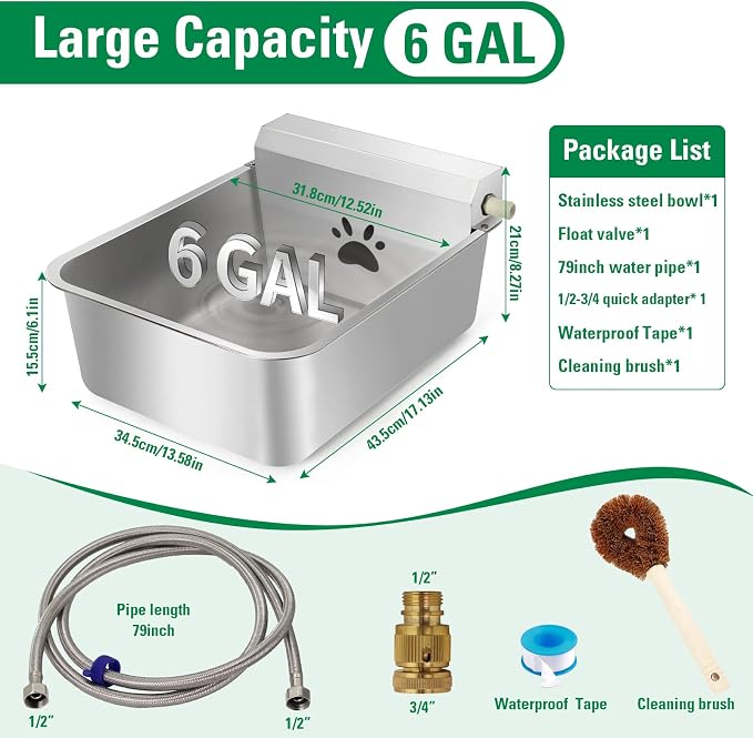 6 Gallons Automatic Animal Water Dispenser X-Large Stainless Steel | Outdoor Waterer Bowl, For Dogs & Chicken, Auto Fill Livestock Water Trough, With 2m Hose, 13.6"x17"x9"