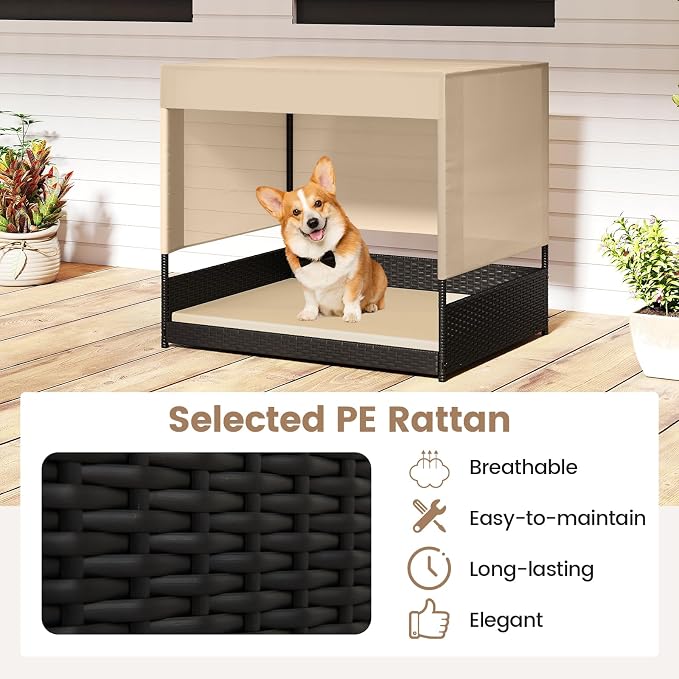 Tangkula Elevated Wicker Dog House for Small to Medium Breeds, Raised Rattan Pet Sofa Bed with Removable Cushion, Canopy Roof, Indoor & Outdoor Puppy Cat Shade Shelter for Patio, Yard, Garden