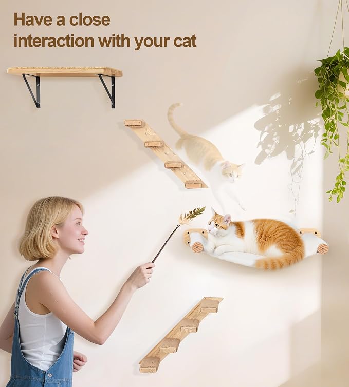 Cat Scraching Post Wall Shelves Set of 3 –1 Floating Fabric Hammock, 2 Cat Wall Ladders with 4 Steps EachWall Mounted Bed Furniture & Climber for Large Cats, Indoor Wall Playground