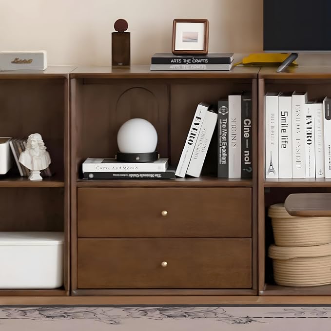 YESWOOD Modular Bookcase Storage Cubes, 100% Solid Rubberwood TV Stand Free Combination, Small Walnut Color Buffet Cabinet for Living Room Bedroom Study