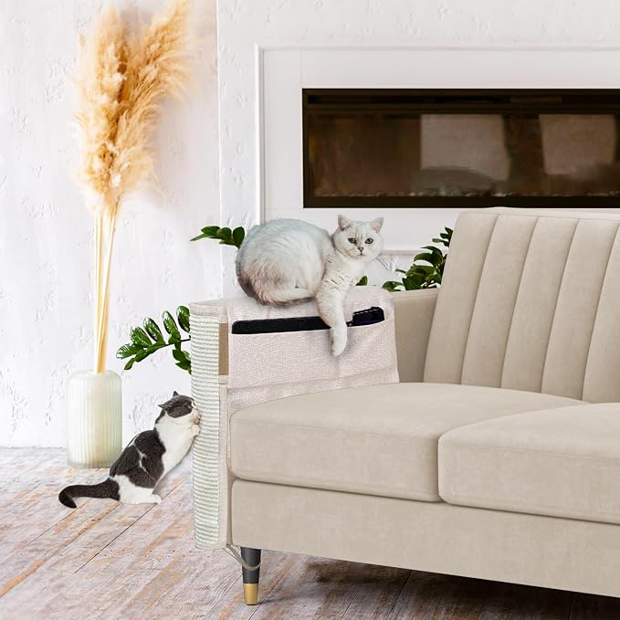 Cat Scratch Sofa Protector,27.6”L*19.6“W Cat Scratch Furniture Protector Pad Couch Arm Sheild with Natural Sisal for Protecting Couch Sofa Chair Furniture（Beige/Right Handed