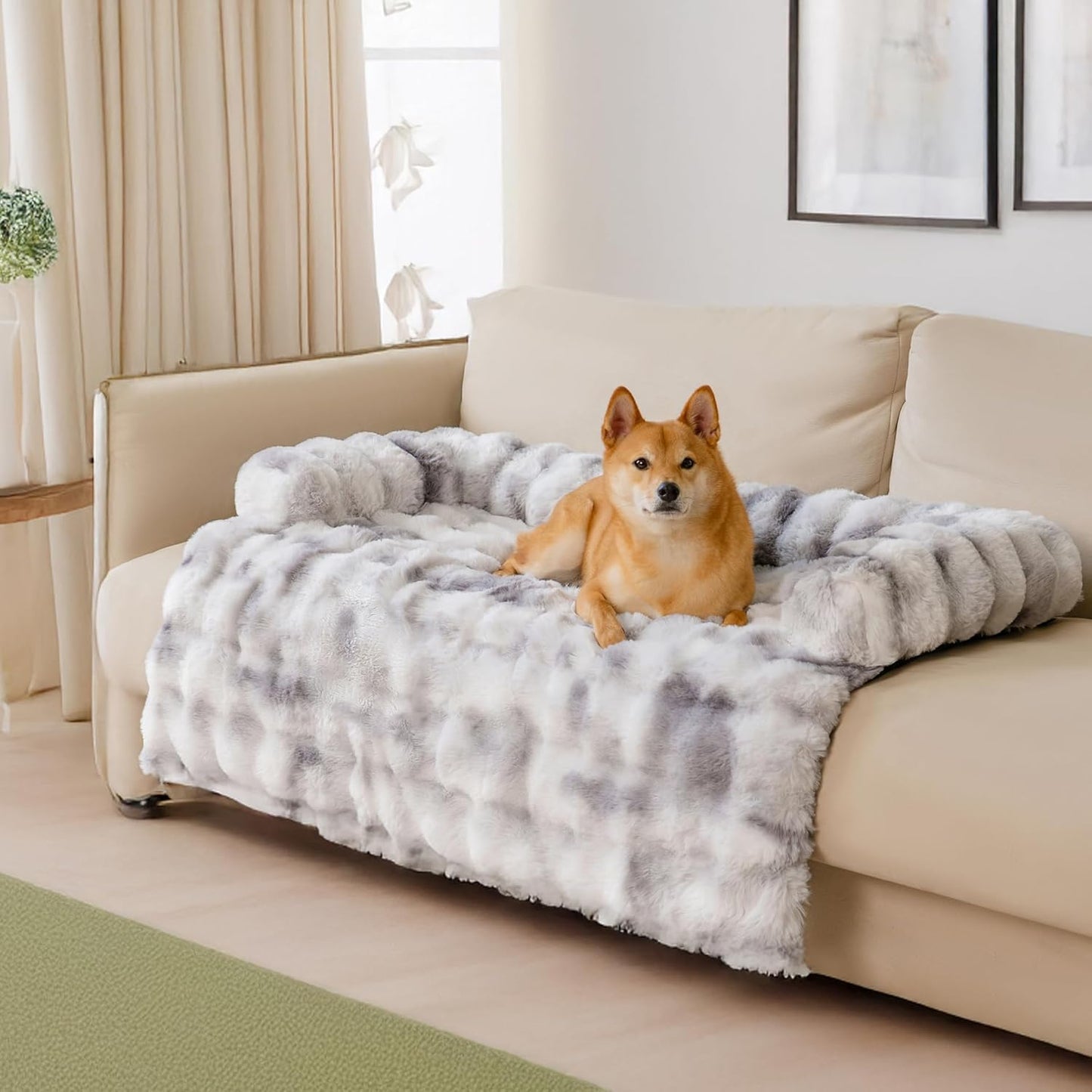FUNNY FUZZY Pet Fluffy Plush Calming Dog Couch Bed Sofa Protector Washable Pets Mat for Large Medium Small Dogs and Cats (Tie-dye Grey,47.24 × 37.4 × 6.3 in)