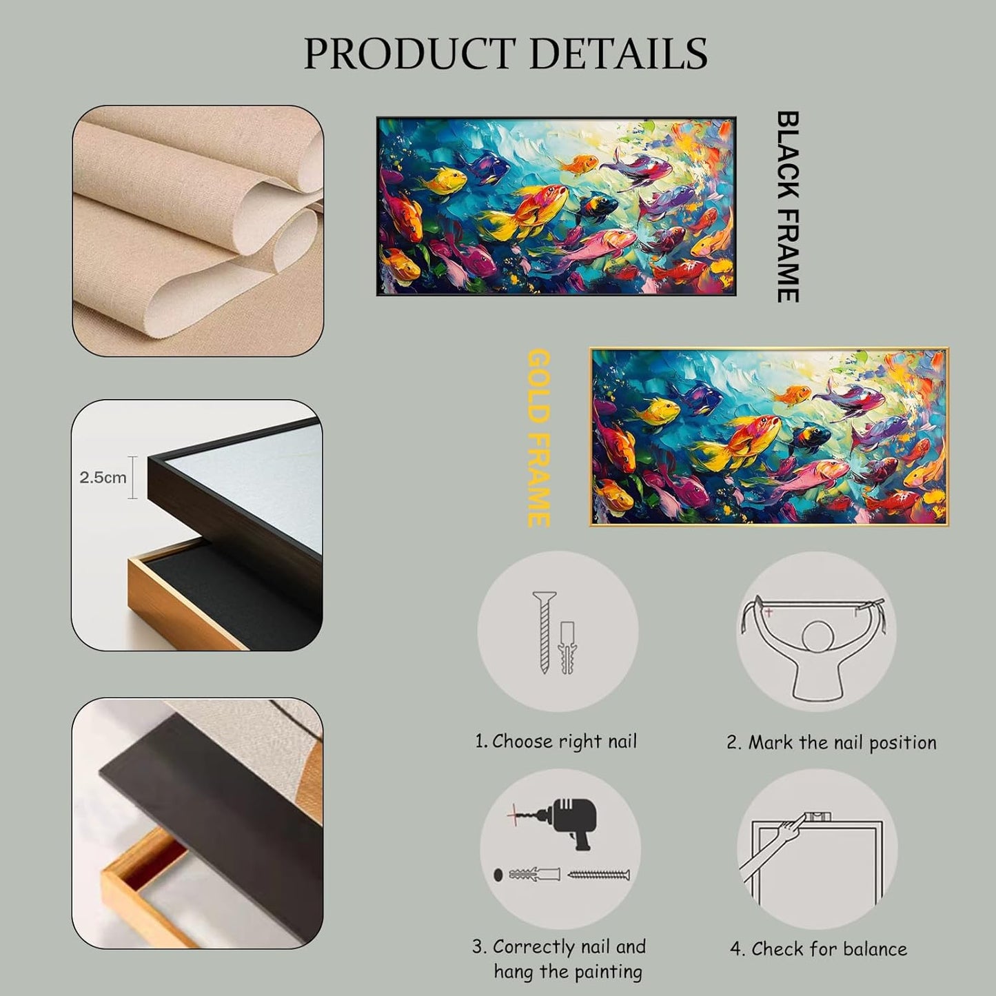 School of Fish Printed Canvas Wall Art – Framed Abstract Ocean Print – Vibrant Fish Wall Decor for Living Room, Bedroom, Office (Black Framed, 62"x31"|160x80cm)