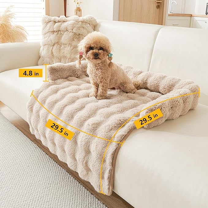 Calming Dog Bed for Couch, 29.5 x 29.5 inch, Non-Slip Rabbit-Velvet Dog Sofa Mat for Furniture Protector, Perfect for Small, Medium Dogs and Cats (Khaki, Medium)