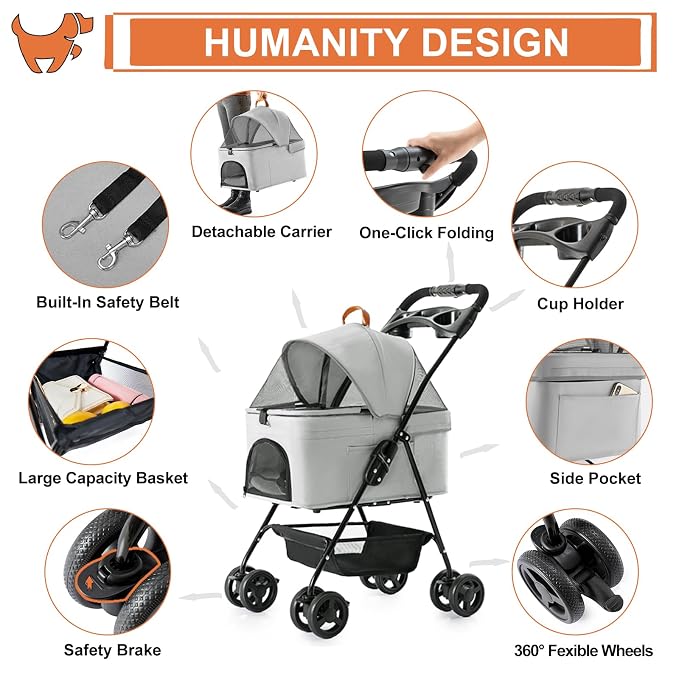 3-in-1 Pet Stroller for Small Dogs and Cats, Folding Lightweight Dog Stroller with Detachable Carrier Portable Cat Puppy Jogging Stroller with Cup Holder and Storage Basket, 4 Wheels