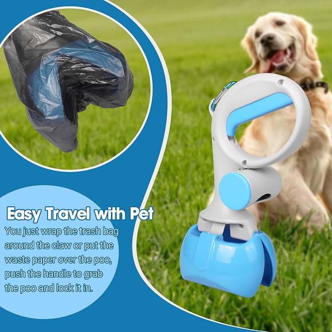 Gegong Pet Pooper Scooper for Dogs and Cats with Trash Bags Holder, Non-Breakable High Strength Material Poop Scooper for Easy Grass and Gravel Pick Up(Including a roll of Trash Bag) (Blue)
