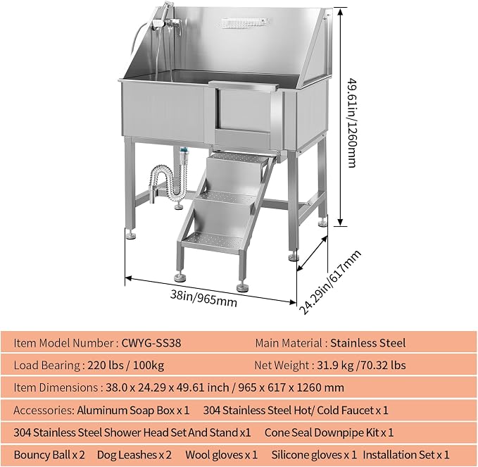 38" Stainless Steel Dog Washing Stations for Large Dogs, Pet Grooming Tub for Home, Professional Pet Bathtub Bathing Station, Pet Wash Station, Dog Shower Tub with Stairs, Drain & Door,R-Door