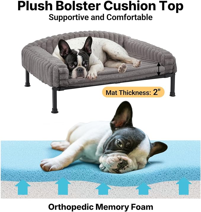 Veehoo Elevated Dog Bed with Bolster Cushion, Fluffy Plush Dog Couch Beds for Small Dogs, Cats, Washable Raised Pet Cot with Non-Slip Feet for Indoor or Patios Use, 24 x 18 Inches, Grey