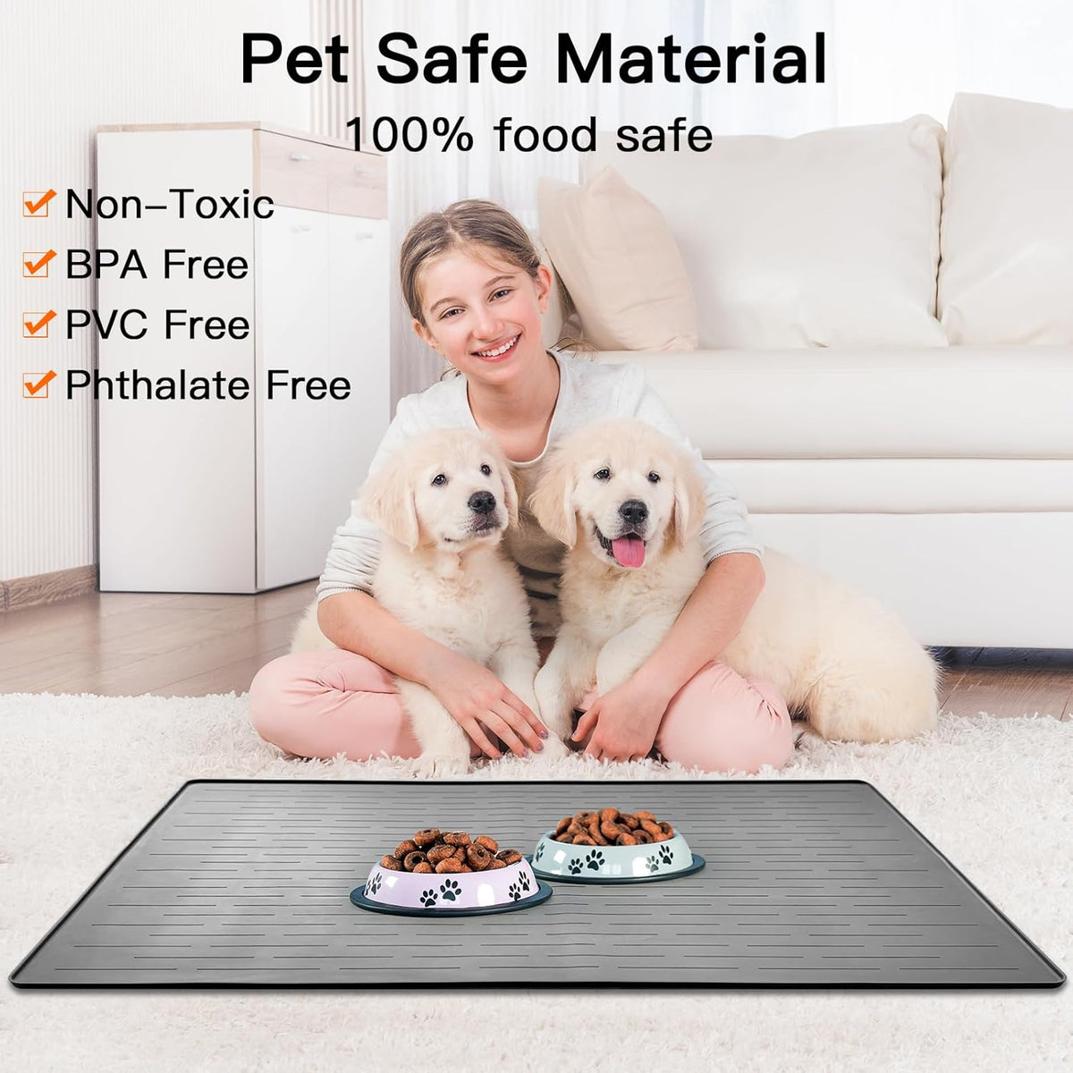 48" x 32" XXXL Largest Pet Food Mat, Silicone Dog Mats for Food and Water, Nonslip Pet Feeding Mats for Floors,Dog Cat Bowl Mat with Raised Edges, Light Gray