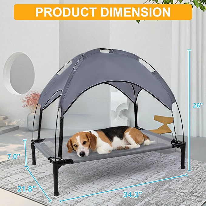 34.3'' Elevated Outdoor Dog Bed with Canopy, Raised Dog Bed Medium Size Dog | Outdoor Dog Bed with Canopy Medium Large Size Dogs with Ice Pack, Dog Cooling Beds, Outdoor Pet Hammock Beds, Outside Pet Bed