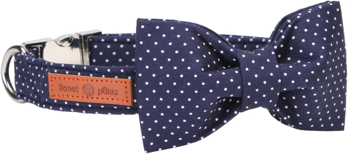 Lionet Paws Boy Dog Collar with Bowtie, Comfortable Adjustable Cute Navy Blue Bow Tie Collar for Male Dogs Gift, Large, Neck 16-24 inches