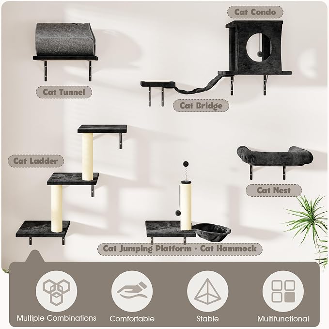 7-in-1 Cat Wall Shelves, Cat Climbing Wall Systems, Space-Saving Wall Mounted Cat Shelves for Play & Rest Includes Tunnel, House, Bridge, Steps, Scratcher, Hammock, Shelves, Black