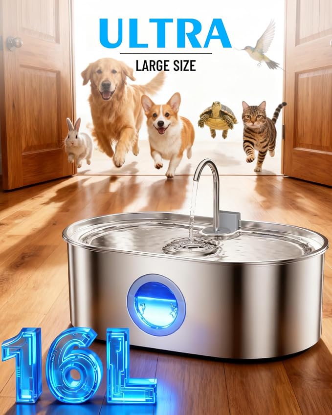 4.2Gal Dog Water Fountain for Large Dogs, 16L Stainless Steel Dog Fountain Water Bowl with Multi-Filtration & Deeper Drinking Tray, Extra Large Pet Water Fountain with Water Window & LED, Ultra-Quiet