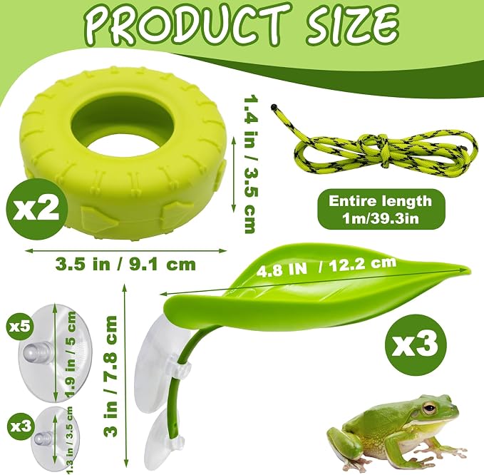 Tree Frog Habitat Toy Plastic Leaf Decorations Tire Swing Habitat Miniature with Suction Cups Frog Habitat Platform Terrarium Decor Accessories for Crested Geckos, Leopard (Green)