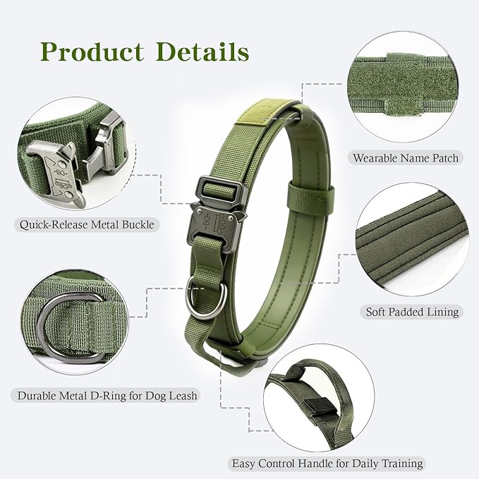 Tactical Dog Collar for Large Dogs with Control Handle,Green,L | 1000D Heavy-Duty Nylon Fabric，Quick-Release Metal Buckle，Soft-Padded Webbing，Velcro Patch&D-Ring for Training and Hiking
