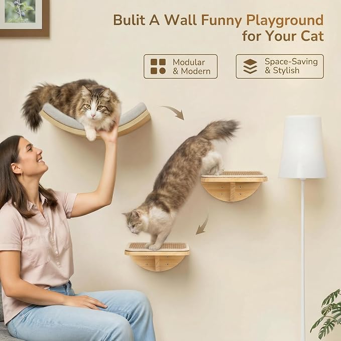 Cat Window Perches, Curved Cat Wall Beige Bed and 2 Floating Wall Steps, Wall Mounted Climbing Shelves for Sleeping, Playing, and Lounging