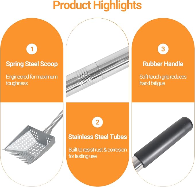 Chicken Poop Scooper Spring Steel Shovel 32-60in Adjustable Handle | Sifting Shovel for Chicken Coop Adjustable Stainless Steel Tube Cleaning Tool for Coop with Rubber Handle