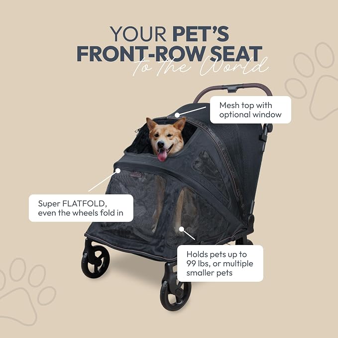 WonderFold Hudson Pet Stroller for Large Pets - Super FLATFOLD: Even the Wheels Fold in - Black, Large