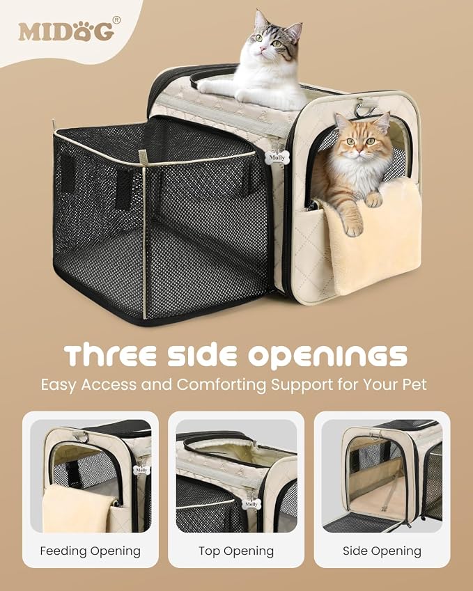 MIDOG Cat Carrier Soft for Small-Medium Cats Up to 25lbs, Airline Approved | Expandable Square Design,Comfort & Breathable Window,Equipped with anti-slip lock zippers and an internal safety leash