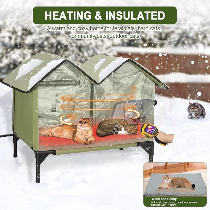 Heated Cat House, Large Heated Outdoor Cat House Weatherproof for Winter, Elevated Waterproof Insulated Cat Houses for Outdoor Cats, Comfortable and Warm Feral Cat Shelter (Green)