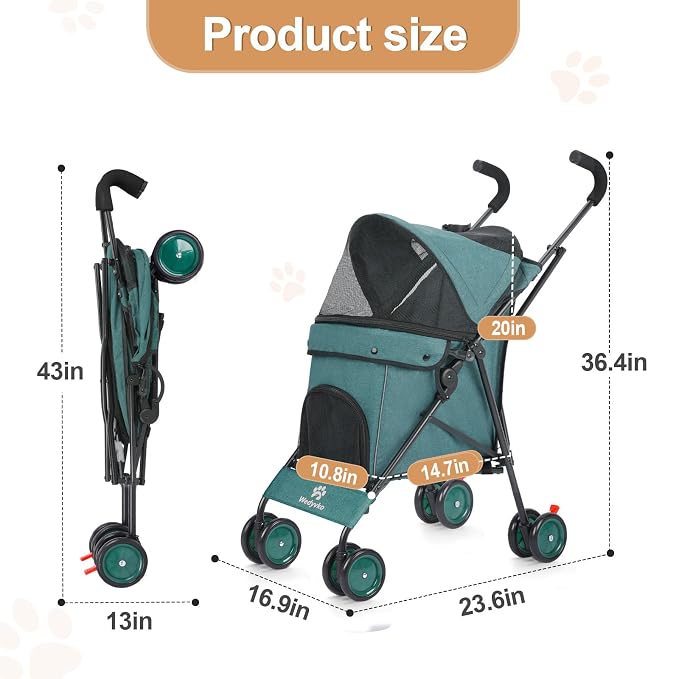 3 in 1 Pet Stroller for Small Dogs and Cats, Foldable Pet Stroller with Adjustable Handle, 6 Wheels, Breathable Mesh, Large Capacity, Easy to Carry, Green (Dark Green B)