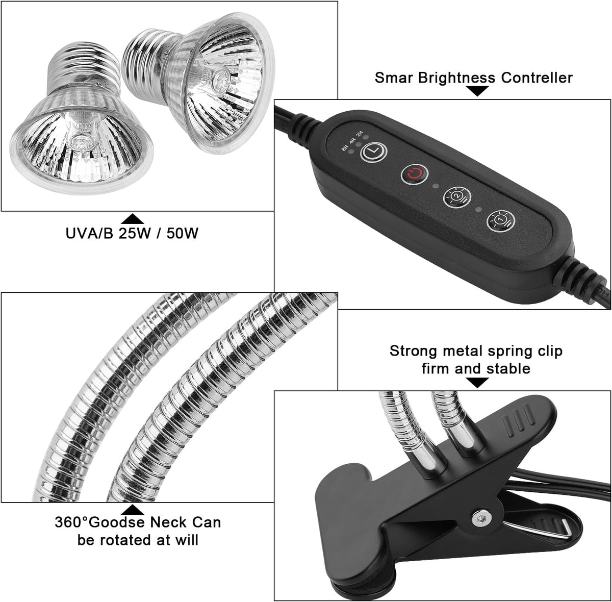 Reptile Heat Lamp, Dual-Head UVA UVB Reptile Light, Heating Lamp with Cycle Timer, Heat Lamp for Reptiles Bearded Dragon Turtle Crab Snake Lizard, Separate Control, 3 Basking Bulbs Light
