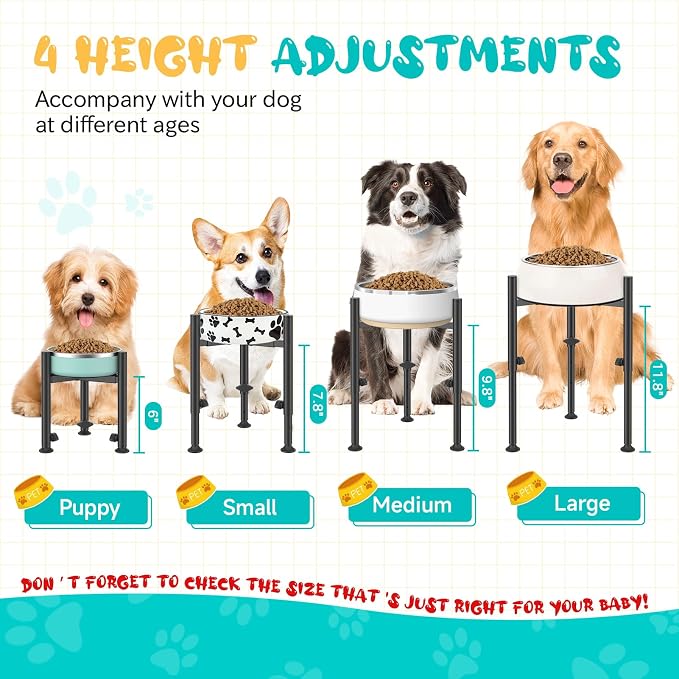 2 Pack Adjustable Dog Bowls Elevated Stand, 4 Heights, Wide 6-10" | Metal Raised Tall Single Food Bowl Holder, Sturdy Lifted Water Feeder for Medium Large Small Breed,H:8”/10”/12”/13.8”