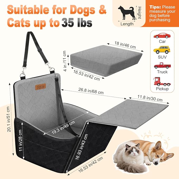 Elevated Dog Car Seat for Small and Medium Dogs Up to 35 lb | 4" High-Density Foam Dog Car Bed, 2 Storage Pockets,3 Safety belts,Fully Removable and Washable for Easy Care,Black+Gray