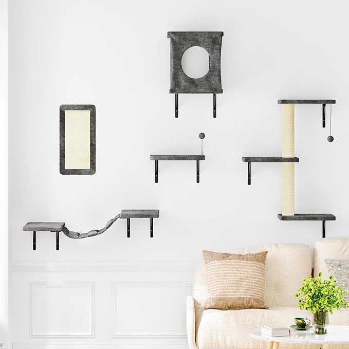 5 Pcs Cat Wall Shelves Set, Wall-Mounted Climber with Cat House, Scratching Post, Bridge, Hammock, Space-Saving Play Furniture, Gray