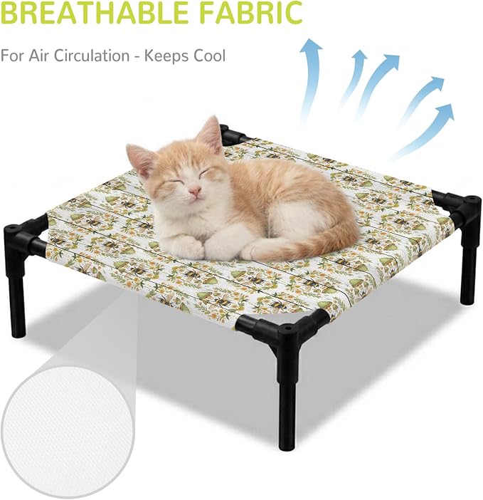Outdoor Elevated Dog Bed for Small Dogs, Classic Bees Breathable Cooling Raised Dog Cot for Indoor/Outdoor, Summer Spring Floral Animals Wooden Waterproof Elevated Pet Beds, S 20 x 20 in