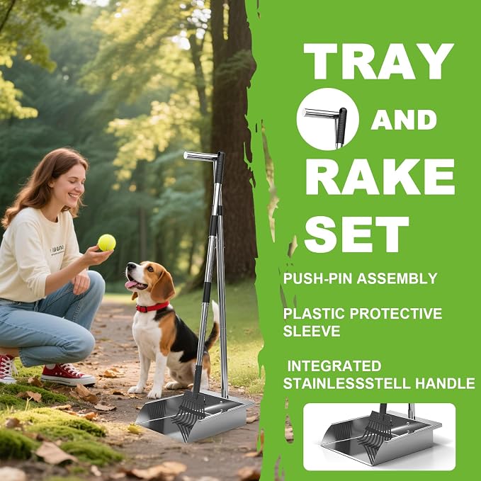 Metal Dog Pooper Scooper with Long Handle Rake and Tray Set for Large Dogs. | Heavy Duty Stainless Steel poop scooper for dogs Suitable for Yard, Garage ，Grass, Dirt & Gravel and Multi-Dog Families