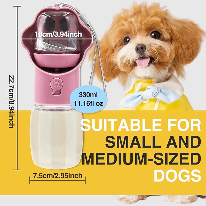 Dog Water Bottle with Food Container, Portable Pet Dispenser, Leak Proof, Hiking, Puppy Travel, Outdoor Activities(11.16 fl.oz/330ml, Pink)