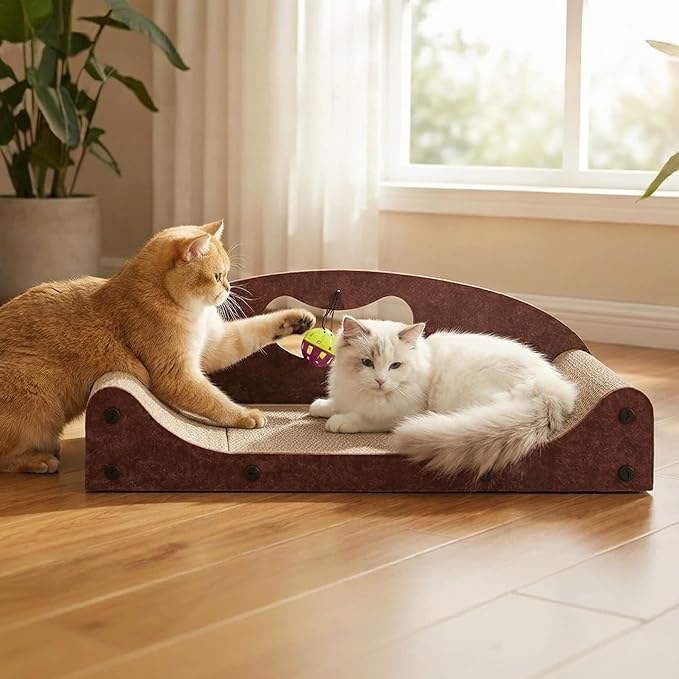 21" Cat Scratcher Bed, Scratcher Couch for Indoor Cats, Cardboard Scratcher Sofa, Durable Scratch Pad with Ball, Furniture Protector (Brown, Medium)