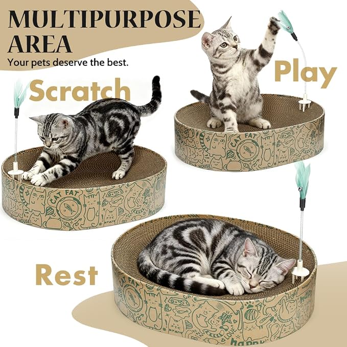 Cat Scratcher Cardboard, 2in1 Oval Cat Scratcher Bed for Indoor Cats Cat, Scratch Pad Bowl with Scratching Toy, Cozy Oval Cat Scratch Bed Furniture for Kittens & Medium Size Cats(Green)