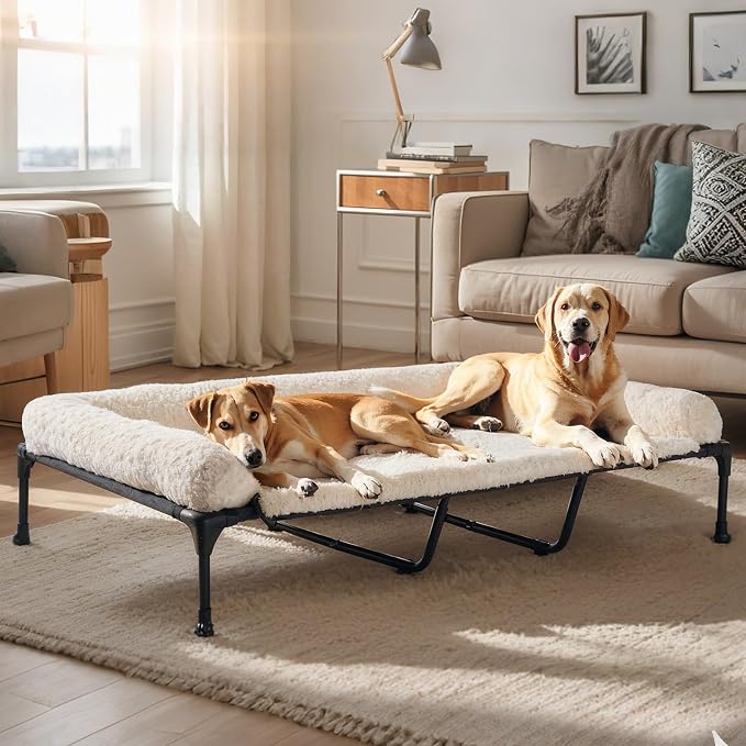 Veehoo Orthopedic Elevated Dog Bed Add Removable Deluxe Rose Plush Bolster Cushion Mat, 59" x 37" Washable Dog Couch Bed, Raised Pet Cot with Breathable Teslin Mesh, No-Slip Feet, White, CWC2439B