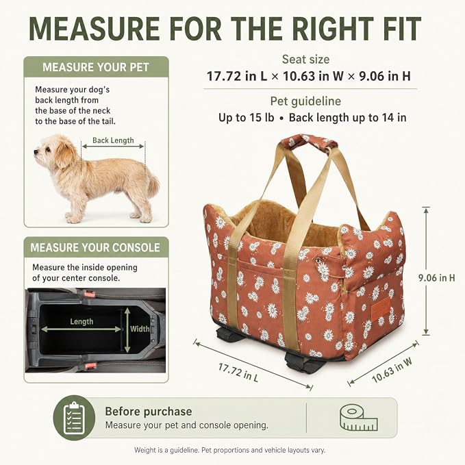 Center Console Dog Car Seat for Small Dogs 1 to 15 lbs,Cofe Color | Pet Travel Booster Seat with Safety Leash, Detachable Seat Belt,Storage Pockets